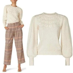 Louna Cream Floral Embroidered Puff Long Sleeve Sweater M